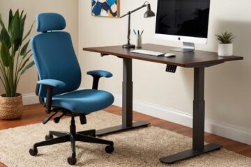 Cadeira para computador ao lado de mesa de escritório com teclado e monitor