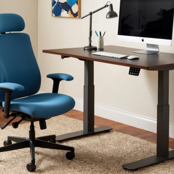 Home 6 Cadeira para computador ao lado de mesa de escritório com teclado e monitor