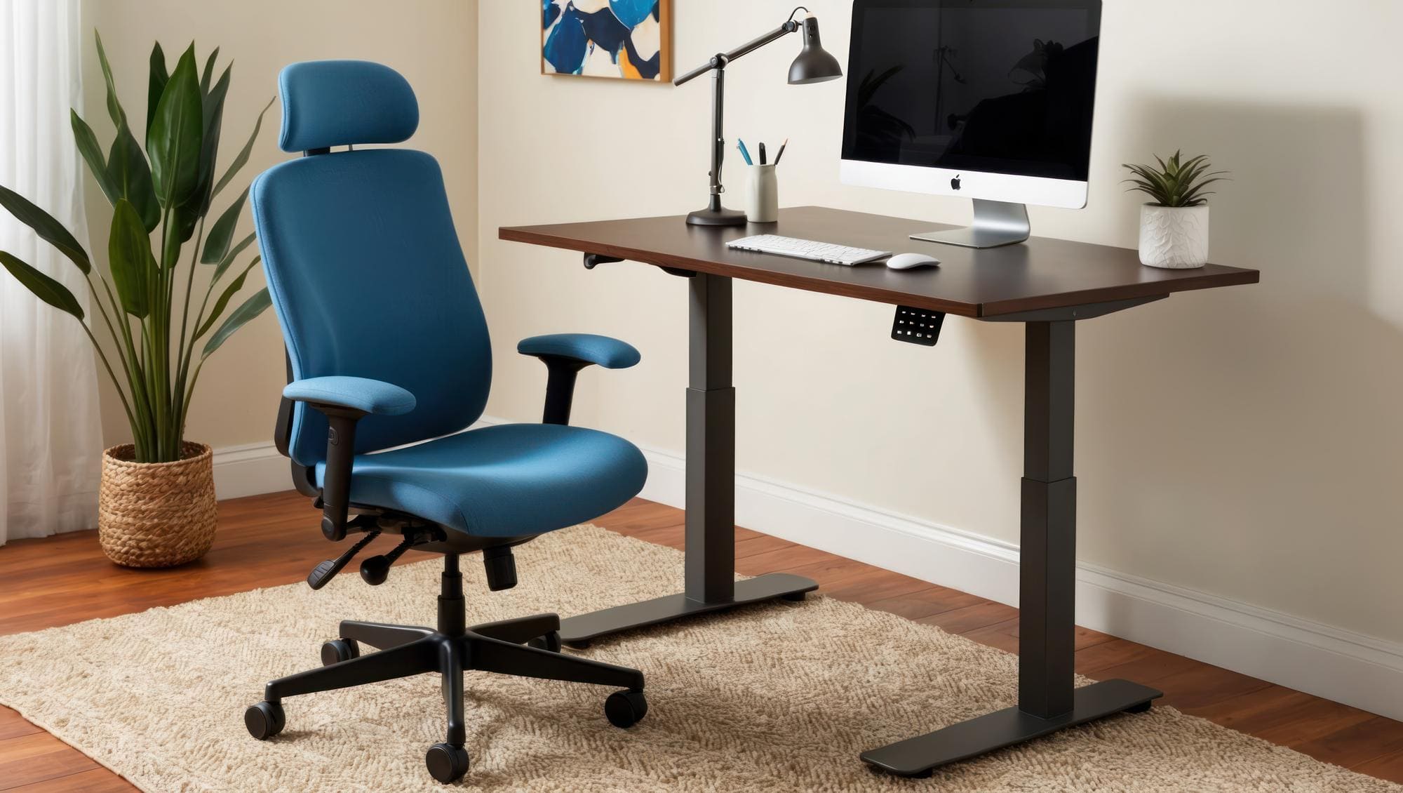 Cadeira para computador ao lado de mesa de escritório com teclado e monitor